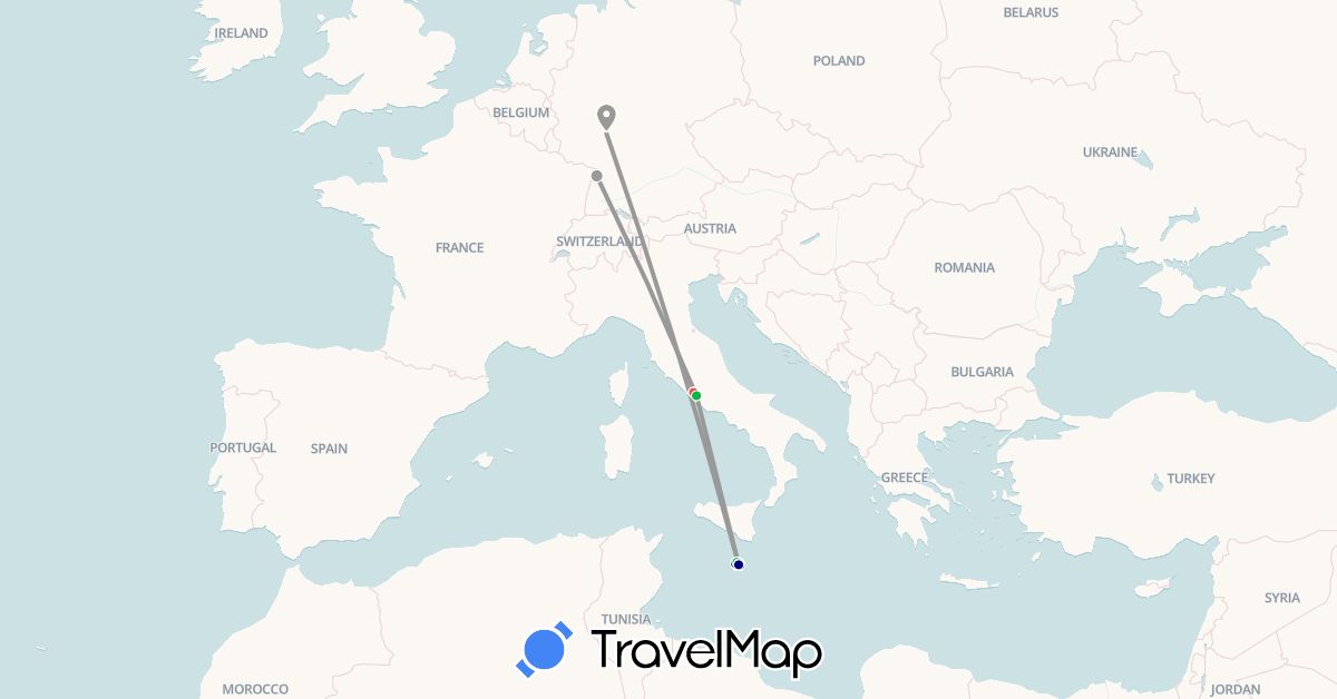 TravelMap itinerary: driving, bus, plane, train, hiking in Germany, Italy, Malta, Vatican City (Europe)